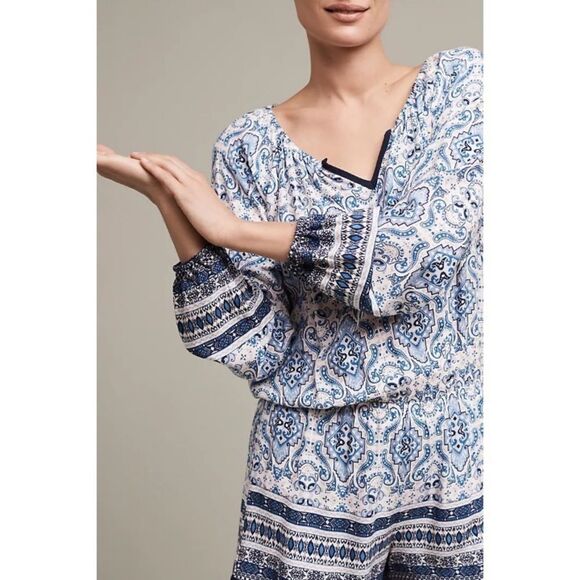 ANTHROPOLOGIE Elevenses Basia Blue Printed Long Sleeve Romper Size Small - Picture 3 of 10